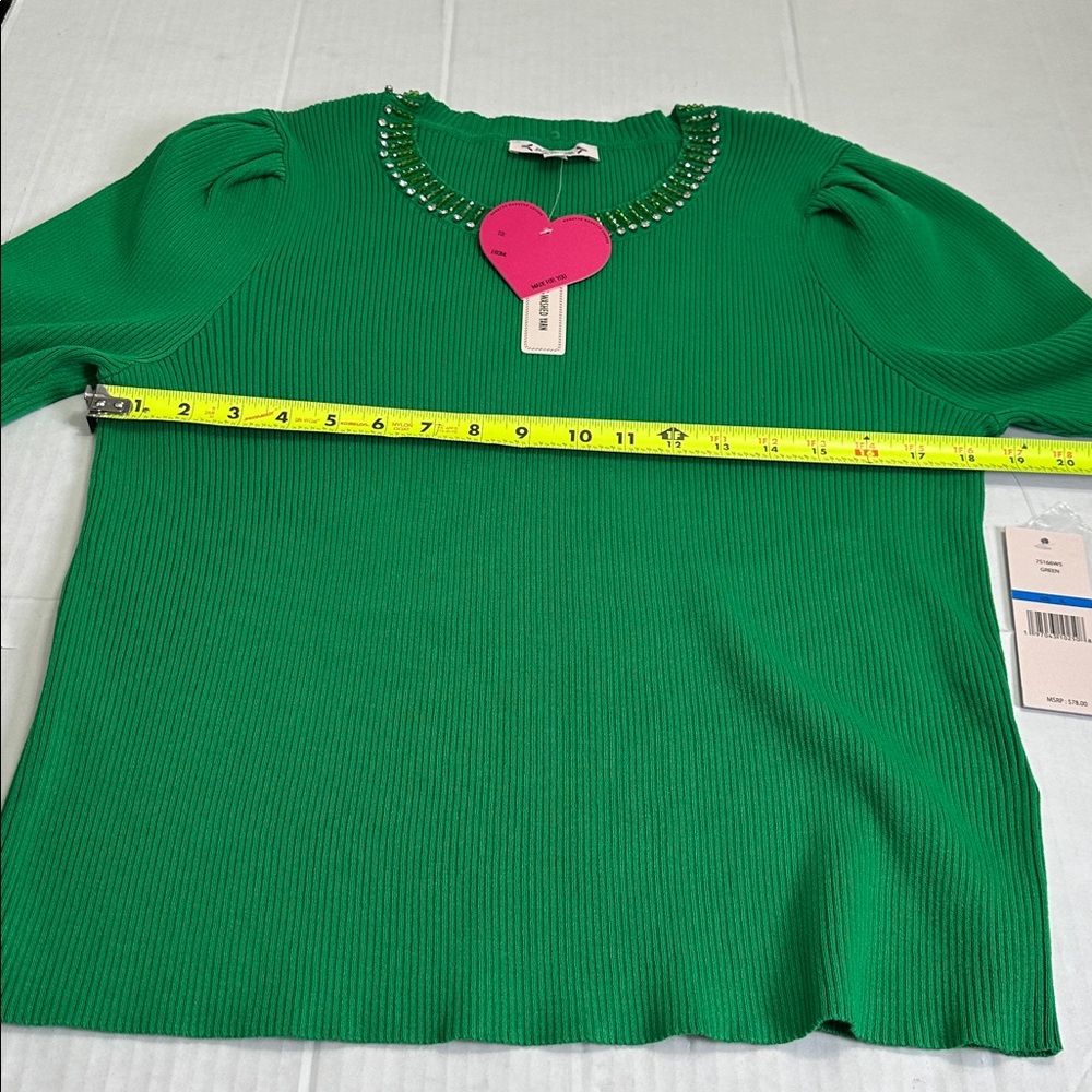 NEW Nanette Lepore Green Ribbed Sweater Rhinestone‎ Collar Top Womens XL - Picture 10 of 12